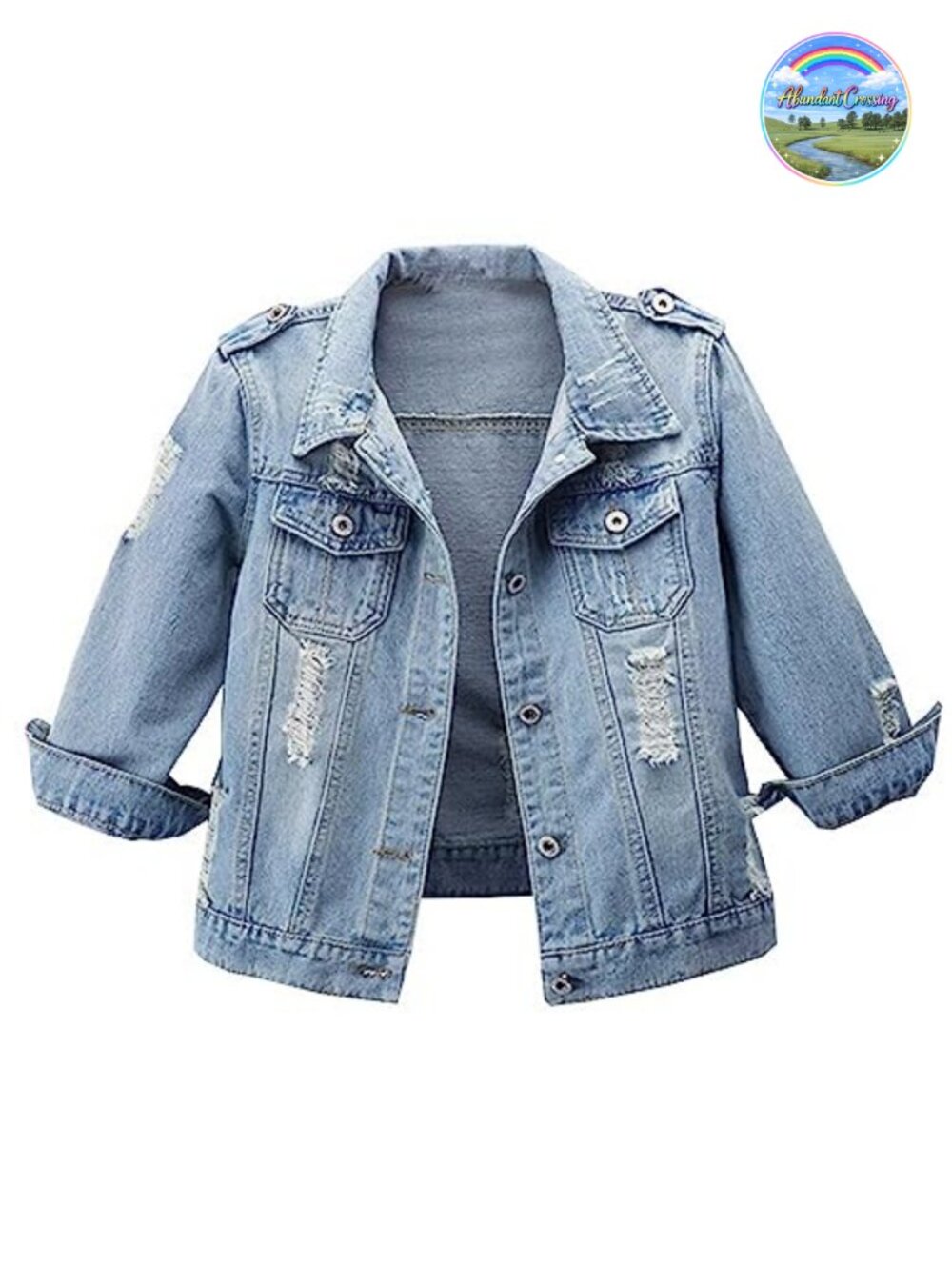 Women's 3/4 Sleeve Cropped Denim Jacket Distressed Button Front - Picture 1 of 6